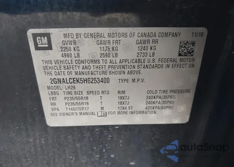 2017 Chevrolet Equinox Lt from USA, damaged, VIN 2GNALCEK5H6253400